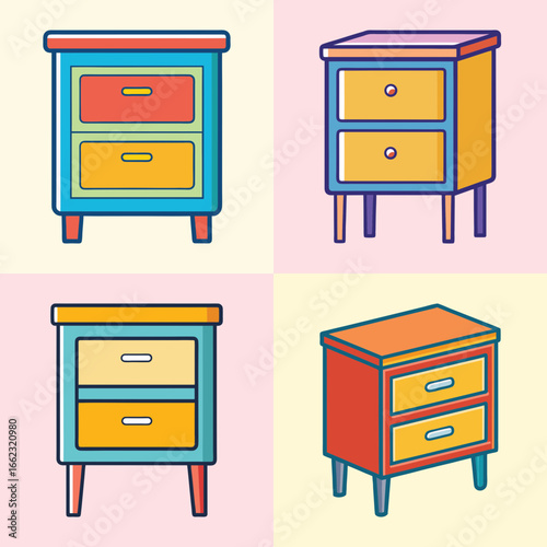 Colorful cartoon bedside tables with drawers illustration-Set of four cartoon bedside tables in bold colors with drawers, ideal for furniture design, home decor concepts, and playful interior graphics