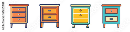 Cartoon colorful bedside tables and drawers illustration-Set of four cartoon bedside tables with drawers in bright colors, perfect for furniture design, interior decoration, and playful graphics.