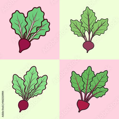 Cartoon beetroot vegetables with leafy tops illustration-Set of four cartoon beetroots with large leafy tops in bright colors, ideal for food graphics, farming design, and healthy lifestyle concepts.