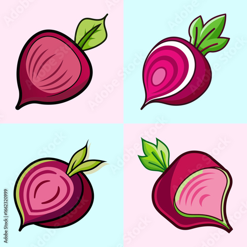 Cartoon sliced beetroot vegetables with leaves illustration-Set of four cartoon beetroots in whole and sliced forms with green leaves, ideal for food design, nutrition, and healthy lifestyle graphics