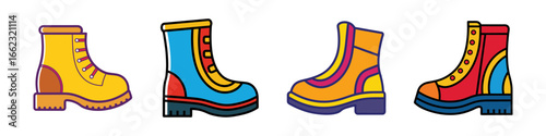 Cartoon vector set of colorful lace-up boots-Four cartoon-style illustrations of high-top lace-up boots in vibrant colors, ideal for fashion, footwear, and outdoor wear themes.