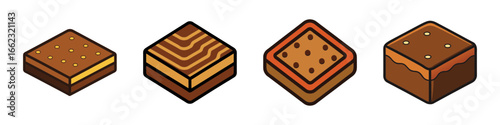 Cartoon vector icons of chocolate brownies and desserts-Set of four cartoon-style dessert illustrations featuring chocolate brownies and layered sweets, ideal for food, baking, and snack themes.