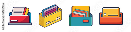 Cartoon vector icons of file storage boxes-Set of four cartoon-style illustrations of colorful file boxes filled with folders and documents, ideal for office, work, and organization themes.