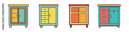 Cartoon vector icons of colorful storage cabinets-Set of four cartoon-style cabinet illustrations with drawers and doors in bright colors, perfect for furniture, home, and interior design themes.