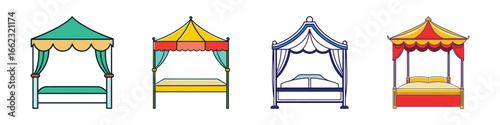Cartoon vector icons of canopy beds and tents-Set of four cartoon-style illustrations featuring colorful canopy beds and tents, ideal for bedroom, outdoor, and decorative themes.