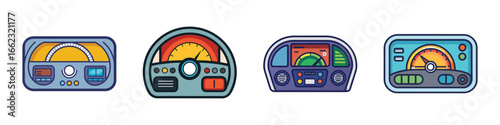 Cartoon vector icons of colorful car dashboards-Set of four cartoon-style vector illustrations of colorful car dashboards and speedometers, ideal for automotive, driving, and tech themes.