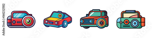 Cartoon vector icons of colorful cameras and cars-Set of four vibrant cartoon-style icons featuring compact cameras and cars, perfect for travel, photography, and transportation themes.