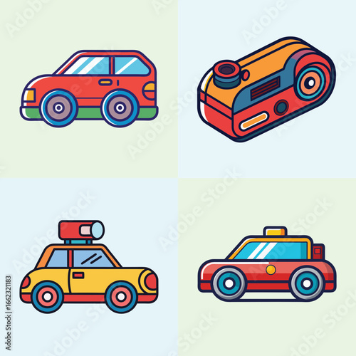 Cartoon vector set of colorful cars and camera-Four cartoon-style vector illustrations featuring three colorful cars and one compact camera, ideal for travel, transport, and gadget themes.