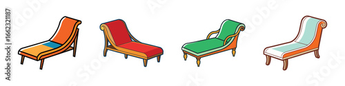 Cartoon vector icons of colorful chaise lounges-Set of four cartoon-style chaise lounge illustrations in vibrant colors, perfect for interior design, relaxation, and furniture visuals.