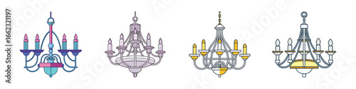 Cartoon vector icons of elegant chandeliers-Set of four cartoon-style chandelier illustrations with ornate designs and candle lights, ideal for lighting, decor, and vintage themes.