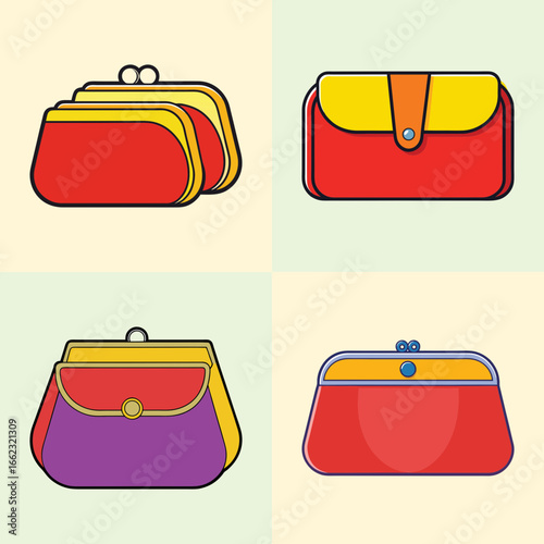 Colorful cartoon purses and handbags vector set-Vector illustration of four colorful cartoon purses and handbags, ideal for fashion, accessories, shopping themes, and creative lifestyle design project