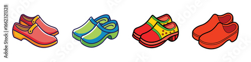 Colorful cartoon clogs and slip on shoes vector-Vector illustration of four pairs of colorful cartoon clogs and slip on shoes, ideal for casual wear, fashion, and lifestyle design projects.