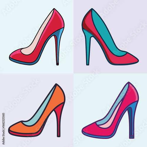 Colorful high heel shoes cartoon vector set-Vector illustration of four stylish high heel shoes in bold colors, perfect for fashion, glamour, shopping, and lifestyle creative designs.