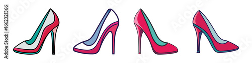 Cartoon high heel shoes in colorful vector set-Vector illustration of four stylish high heel shoes in bright colors, ideal for fashion, glamour, shopping, and lifestyle design projects.