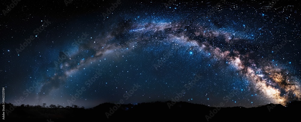 Fototapeta premium Night sky panorama with Milky Way arching over dark landscape