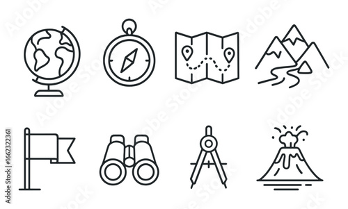 Outline icons of travel exploration elements: globe, compass, map, mountains, flag, binoculars, compass, volcano