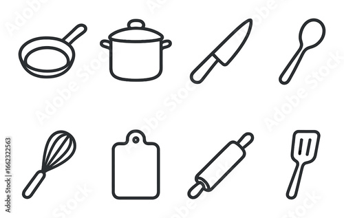 Set of kitchen utensils: pan, pot, knife, spoon, whisk, cutting board, rolling pin, spatula