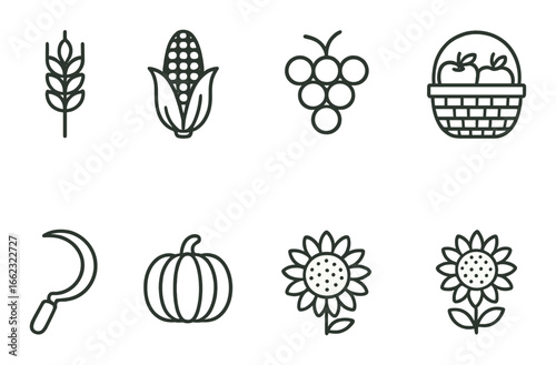 Line icons of harvest: wheat, corn, grapes, apples, sickle, pumpkin, sunflower