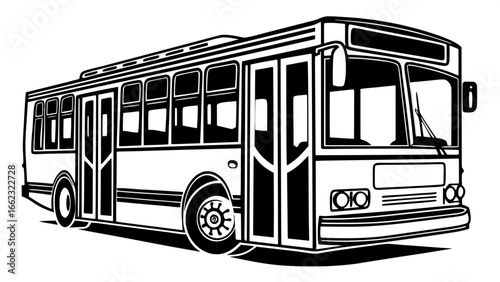 Silhouette of a city transit bus with visible front and rear doors, windows evenly spaced, shown in pure black against white.