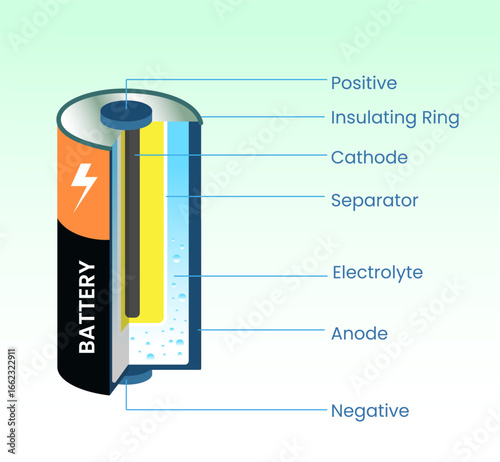 internal structure of the battery vector illustration, Internal structure and parts of a battery showing anode, cathode, separator, and electrolyte, dry cell battery