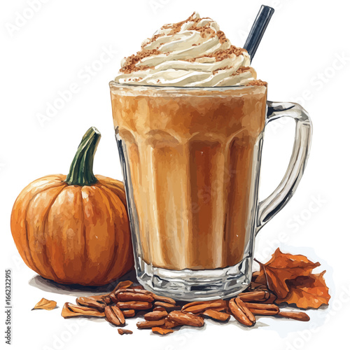 watercolor vector of Pumpkin Spice Latte, isolated on a white background.