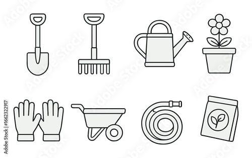 Gardening tools and equipment icons: shovel, rake, watering can, flower pot, gloves, wheelbarrow, hose, seed bag