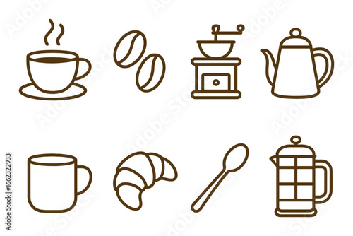 Coffee icons: cup, beans, grinder, kettle, mug, croissant, spoon, french press