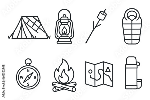 Camping essentials: tent, lantern, marshmallow, sleeping bag, compass, campfire, map, thermos