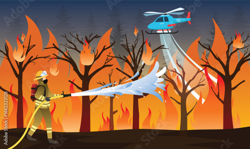 Wildfire firefighting with firefighter and helicopter vector illustration, Helicopter and firefighter working to stop wildfire