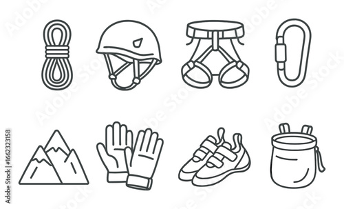 Essential rock climbing gear: rope, helmet, harness, carabiner, gloves, shoes, chalk bag