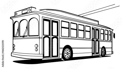 Monochrome bus silhouette, clean and bold, side view with sharp roofline and window spacing, minimal detail.