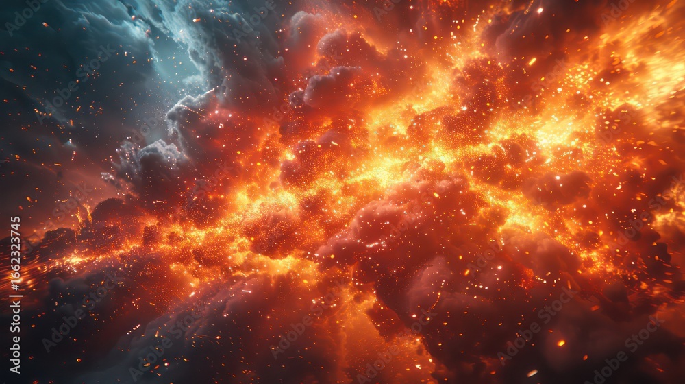 Fototapeta premium A dramatic, fiery explosion fills the frame, showcasing vibrant colors and a powerful visual impact.