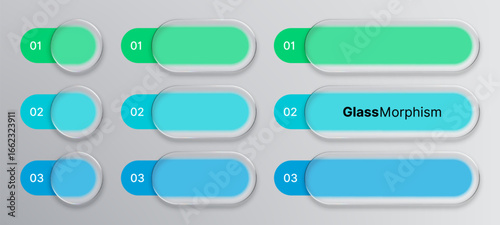 Liquid glass morphism vector UI elements, buttons, and badges in green, blue color with rounded rectangle shapes. Modern interface components.
