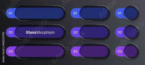 Glass morphism user interface elements for modern web design or mobile app development. Liquid glass UI buttons with text fields.