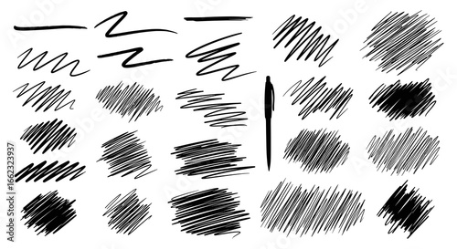 A diverse collection of hand-drawn black ink scribbles, hatching textures, and pen strokes on a white background.