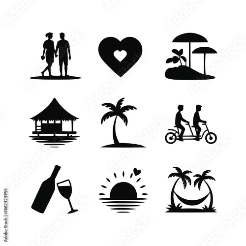 Romantic Tropical Getaway Silhouette Icons,  Beach Vacation, Couple's Paradise.