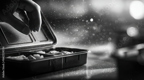 Hand opening take-out box with food in monochrome
