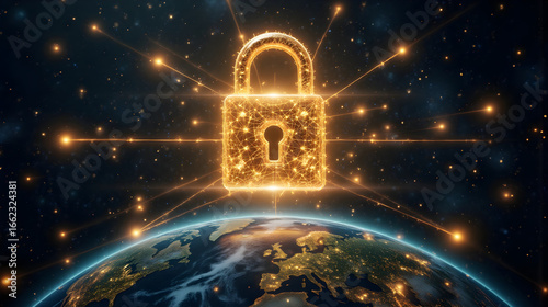 Leuchtendes Schloss über der Erde – Symbol für globale Datensicherheit – Digitales Cyber-Sicherheits-Wallpaper