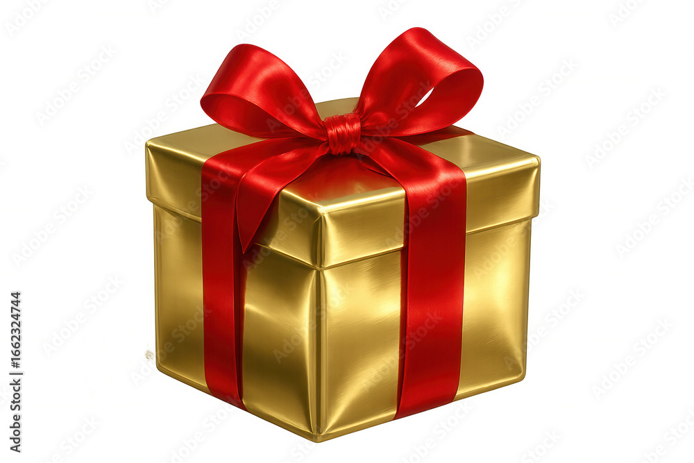 Obraz premium Shiny gold gift box wrapped with a bright red ribbon, perfect for celebrations and special occasions