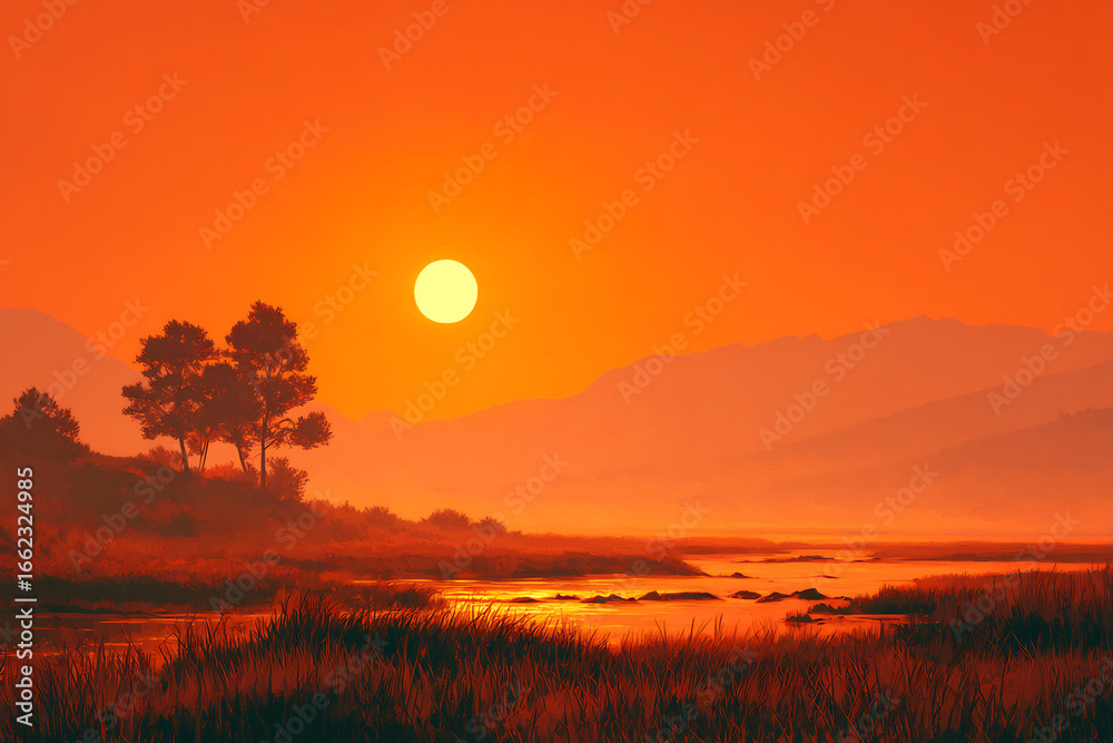 Fototapeta premium Warm-toned landscape with fog and orange sunrise