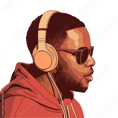 Png man listening music with headphones vector art illustration african american style stylish design Isolated on white background
