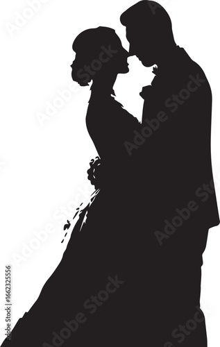 Black silhouette of a bride and groom embracing on their wedding day couple