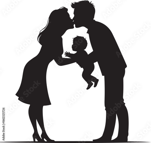 Black silhouette of a family kissing with a baby in the middle love parents