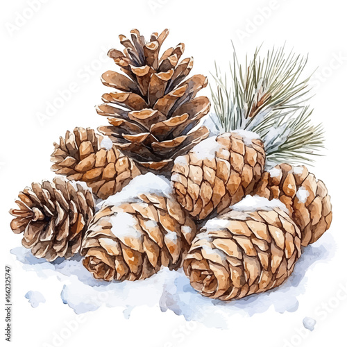 Pine Cones On Snow, watercolor vector, isolated on a white background.