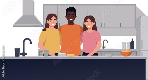 Diverse group cooking together in modern kitchen preparing food vector illustration 