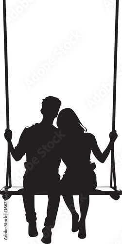 Black silhouette of a couple sitting on a swing with heads resting together black and white romance