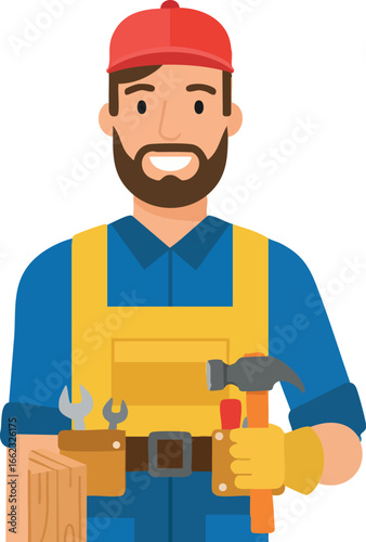 Male Carpenter Holding Hammer and Wooden Plank Wearing Blue Shirt and Red Cap Vector Illustration 