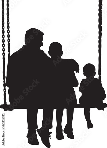Silhouette of a man and two children sitting on a swing set father kids