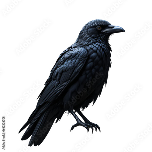 A striking portrait of a black raven perched against a stark black background in sharp focus