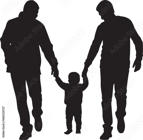 Two men holding hands with a child walking between them family father